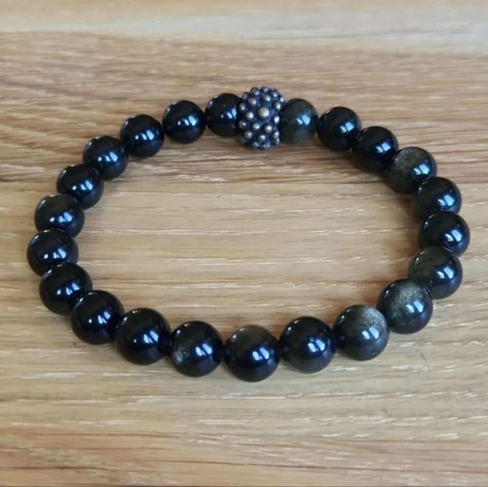 Golden Obsidian Beaded Stretch Bracelet | Handmade